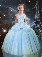 Light Blue Ball Gowns Beading Juniors Party Dress Lace Up Tulle Sleeveless Floor Length