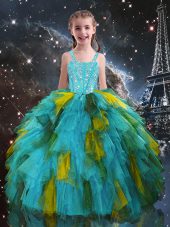 Aqua Blue Tulle Lace Up Girls Pageant Dresses Short Sleeves Floor Length Beading and Ruffles
