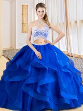 Delicate Royal Blue Criss Cross One Shoulder Beading and Ruffles Vestidos de Quinceanera Tulle Sleeveless
