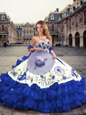 Royal Blue Ball Gowns Sweetheart Sleeveless Organza Floor Length Lace Up Embroidery and Ruffled Layers Sweet 16 Quinceanera Dress