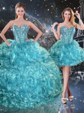Glamorous Sleeveless Floor Length Beading and Ruffles Lace Up Sweet 16 Dress with Aqua Blue