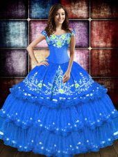Off The Shoulder Sleeveless Lace Up Quince Ball Gowns Blue Taffeta