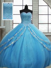 Perfect Floor Length Baby Blue 15 Quinceanera Dress Tulle Sleeveless Beading and Appliques and Sequins