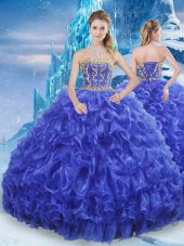 Floor Length Royal Blue Quinceanera Dresses Organza Sleeveless Beading and Appliques and Ruffles