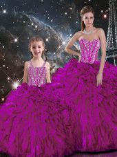 Customized Floor Length Lace Up Sweet 16 Dress Fuchsia for Military Ball and Sweet 16 and Quinceanera with Beading and Ruffles