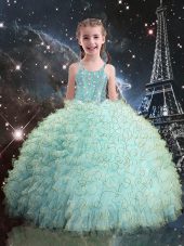 Discount Aqua Blue Ball Gowns Straps Sleeveless Organza Floor Length Lace Up Beading and Ruffles Party Dress for Toddlers