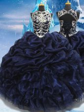 Ball Gowns Quinceanera Dress Navy Blue High-neck Taffeta Sleeveless Floor Length Lace Up