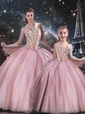 Floor Length Pink 15th Birthday Dress Sweetheart Sleeveless Lace Up