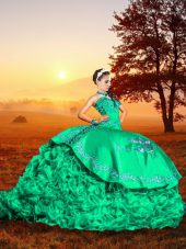 Sleeveless Organza Brush Train Lace Up 15th Birthday Dress in Turquoise with Embroidery and Ruffles