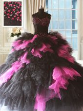 Excellent Pink And Black Lace Up Quinceanera Gown Beading and Ruffles Sleeveless Floor Length