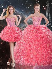 Best Selling Coral Red Sweetheart Lace Up Beading and Ruffles Quinceanera Gowns Sleeveless