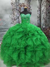 Sleeveless Floor Length Beading and Ruffles Lace Up Quinceanera Gowns with Green