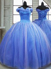 Lace Up Ball Gown Prom Dress Light Blue for Military Ball and Sweet 16 and Quinceanera with Pick Ups Brush Train