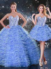 Smart Blue Ball Gowns Sweetheart Sleeveless Tulle Floor Length Lace Up Beading and Ruffled Layers Ball Gown Prom Dress