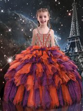 Beauteous Rust Red Ball Gowns Beading and Ruffles Little Girl Pageant Gowns Lace Up Tulle Sleeveless Floor Length