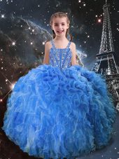 Straps Sleeveless Lace Up Girls Pageant Dresses Baby Blue Organza