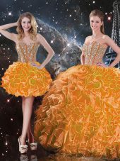 Sleeveless Organza Floor Length Lace Up Quinceanera Gowns in Orange with Beading and Ruffles