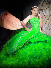 Hot Sale Green Sleeveless Brush Train Embroidery and Ruffles With Train Vestidos de Quinceanera