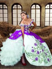 Multi-color Ball Gowns Taffeta Off The Shoulder Sleeveless Embroidery and Ruffled Layers Floor Length Lace Up Quince Ball Gowns