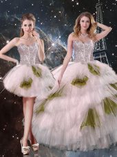 Fashionable Sleeveless Floor Length Beading and Ruffled Layers and Sequins Lace Up Sweet 16 Dress with Champagne