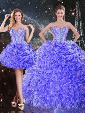 Purple Sleeveless Floor Length Beading and Ruffles Lace Up 15 Quinceanera Dress