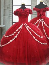 Affordable Appliques and Pick Ups Vestidos de Quinceanera Wine Red Lace Up Sleeveless Brush Train