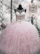 Baby Pink Tulle Lace Up Quinceanera Gowns Sleeveless Floor Length Beading and Ruffles