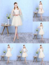 Lace Quinceanera Court Dresses Champagne Lace Up Cap Sleeves Knee Length