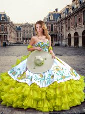 Yellow Green Sweetheart Neckline Embroidery and Ruffled Layers Vestidos de Quinceanera Sleeveless Lace Up