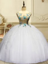 Amazing White Lace Up 15th Birthday Dress Appliques and Ruffles Sleeveless Floor Length