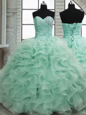Traditional Apple Green Sweet 16 Dresses Military Ball and Sweet 16 and Quinceanera with Beading and Ruffles Sweetheart Sleeveless Lace Up