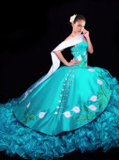 Exquisite Aqua Blue 15 Quinceanera Dress Organza Brush Train Sleeveless Embroidery and Ruffles