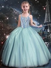 Ball Gowns Womens Party Dresses Teal Straps Tulle Sleeveless Floor Length Lace Up