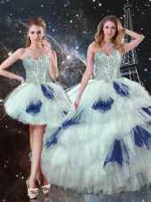 Sleeveless Tulle Floor Length Lace Up Vestidos de Quinceanera in Blue And White with Beading and Ruffled Layers and Sequins