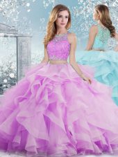 Sumptuous Lilac Sleeveless Floor Length Beading and Ruffles Clasp Handle Quinceanera Dress