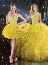 Extravagant Beading and Ruffles Quince Ball Gowns Yellow Lace Up Sleeveless Floor Length