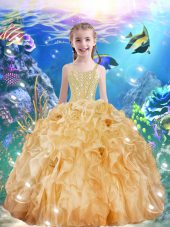 Modern Champagne Sleeveless Beading and Ruffles Floor Length Party Dress Wholesale
