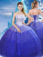 Sleeveless Tulle Floor Length Lace Up Quinceanera Dress in Blue with Beading