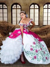 Elegant Multi-color Ball Gowns Off The Shoulder Sleeveless Chiffon Floor Length Lace Up Embroidery and Ruffled Layers Sweet 16 Quinceanera Dress