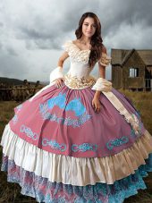 Superior Multi-color 15th Birthday Dress Military Ball and Sweet 16 and Quinceanera with Embroidery and Ruffled Layers Off The Shoulder Sleeveless Brush Train Lace Up