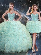 Turquoise Ball Gowns Organza Sweetheart Sleeveless Beading and Ruffles Floor Length Lace Up Quinceanera Gown