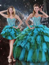 Flirting Multi-color Sweet 16 Dress Military Ball and Sweet 16 and Quinceanera with Beading and Ruffles and Ruffled Layers Sweetheart Sleeveless Lace Up