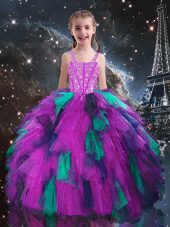 Ball Gowns Custom Made Fuchsia Straps Tulle Sleeveless Floor Length Lace Up