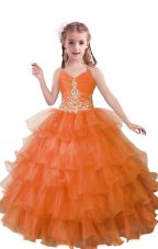 V-neck Sleeveless Zipper Little Girls Pageant Gowns Orange Red Organza