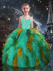 Sleeveless Tulle Floor Length Lace Up Little Girls Pageant Dress in Turquoise with Beading and Ruffles