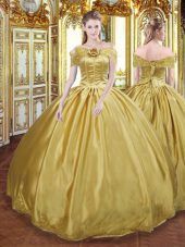 Sleeveless Tulle Floor Length Lace Up Quince Ball Gowns in Gold with Beading and Appliques and Hand Made Flower