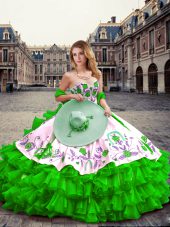 Green Lace Up Quinceanera Dresses Embroidery and Ruffled Layers Sleeveless Floor Length