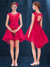 Perfect Scoop Sleeveless Bridesmaid Dress High Low Lace and Belt Wine Red Satin and Lace