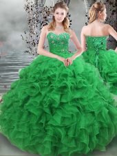 Glorious Green 15 Quinceanera Dress Military Ball and Sweet 16 with Beading and Ruffles Sweetheart Sleeveless Lace Up