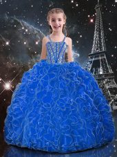 Custom Designed Beading and Ruffles Little Girl Pageant Gowns Blue Lace Up Sleeveless Floor Length